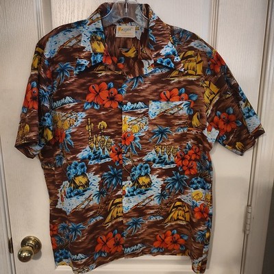 Rare Vintage Aloha Hawaiian Shirt L 100% Polyester Made in Korea Tiki Face Mask