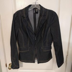 Bisou Bisou Blue Denim Dark Wash Blazer Jacket Zip Up Notch Lapels Women's Sz M