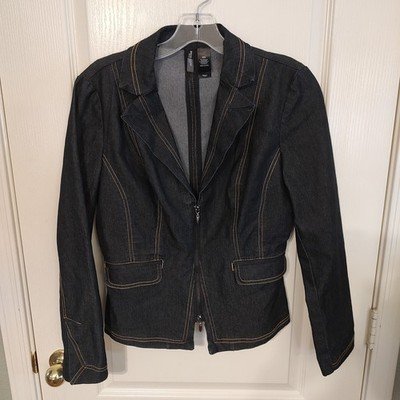 Bisou Bisou Blue Denim Dark Wash Blazer Jacket Zip Up Notch Lapels Women's Sz M