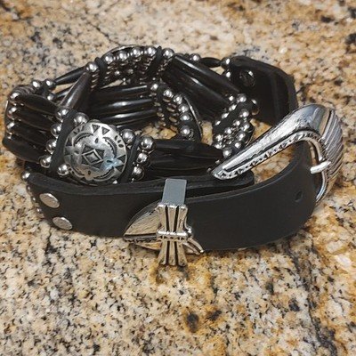 The Kooples Women's Engraved Discs Metal Pearls Black Leather Belt Size 36