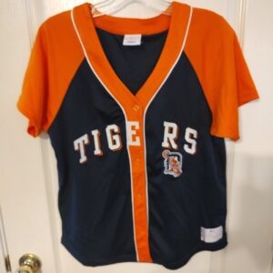 Detroit Tigers Jersey Shirt Women's Sz Large Blue Orange Mesh MLB Baseball