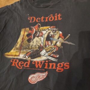 Vtg Detroit Red Wings NHL Vintage 1996 Taz Looney Tunes Graphic Black T-Shirt