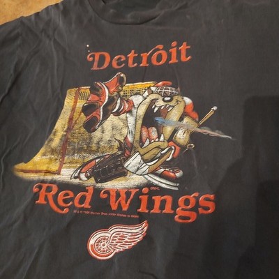Vtg Detroit Red Wings NHL Vintage 1996 Taz Looney Tunes Graphic Black T-Shirt