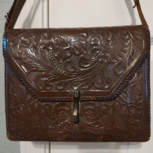 Vintage Hand Tooled Western Floral Brown Leather Boho Hippie Purse Handbag