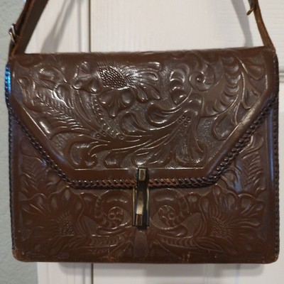 Vintage Hand Tooled Western Floral Brown Leather Boho Hippie Purse Handbag