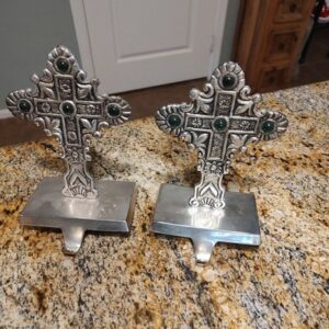 Christmas Stocking Holder Hanger Cross Silver color w/ Emerald Accents Lot of 2