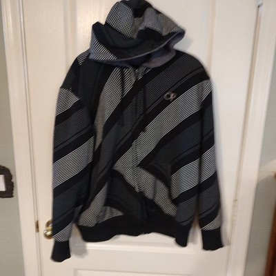 OP Ocean Pacific Hoodie Men Large Sherpa Lined Black Gray Striped Full Zip