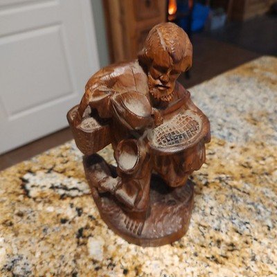 Vintage Hand Carved Wooden Man with Baskets & Dog Statue Figurine 7.5"x4.5"