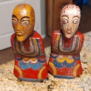 Vtg Pair Hand Carved Kavaad? Wooden Multicolor Figurines Hand Painted 7.5"x3"