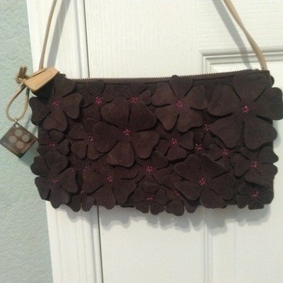 BCBGirls Suede Flower Covered Boho Bag Shoulder Purse Dark Brown 10"x5" EUC