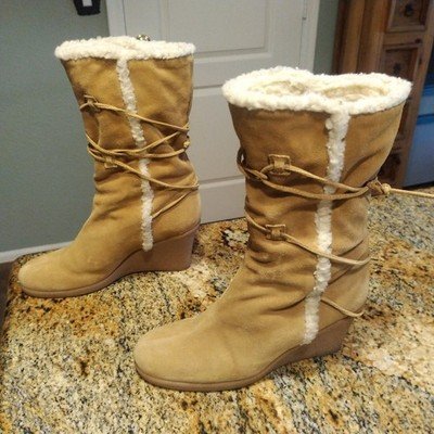 Kors Michael Kors Women's Aviator Shearling Lined Suede Wedge Boots Tan Sz 7.5 M