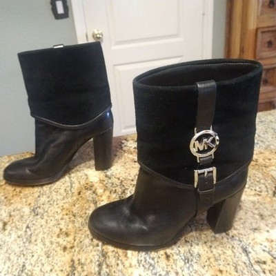 Michael Kors Signature Black Leather Ankle Suede Fulton Harness Boots Sz 5.5 M