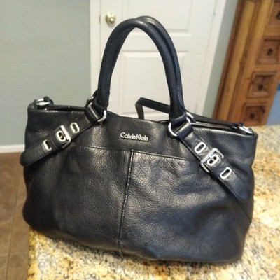 Calvin Klein Black Pebble Leather Convertible Satchel Shoulder Bag Buckle Accent