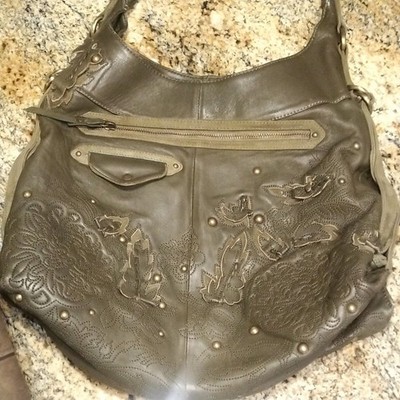 Cole Haan G Series Olive Green leaves applique hobo bag purse Shoulder Leather