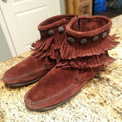 Minnetonka Women's Double Fringe Moccasins Side Zip Boot Brown Suede Size 5