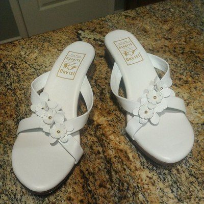 Island Slipper Women's White Leather Flower Slide Wedge Size 11 Sandals