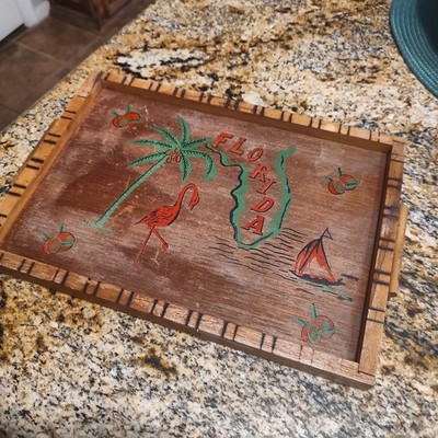 Vintage Florida Wooden Tray with Flamingo and Sailboat Design 11" X 6"