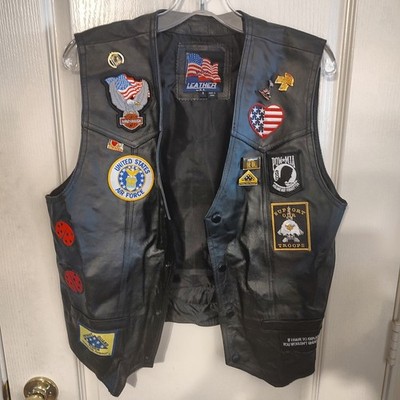 Leather Vest with POW-MIA and Military Patches Size S