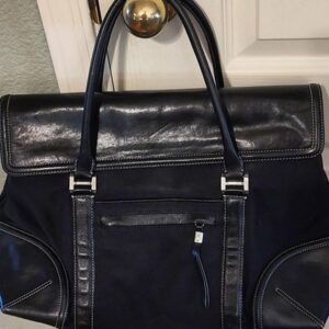 Ellen Tracy Black Leather Tote Bag with Red Interior