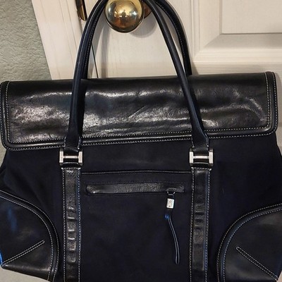 Ellen Tracy Black Leather Tote Bag with Red Interior