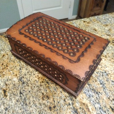 Vintage Kufer Embossed Wooden Swirl Hand Curved Rectangle Trinket Jewelry Box