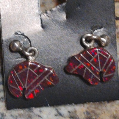 Native American Style Sterling Silver Inlaid Opal Bear Dangle Earrings Used