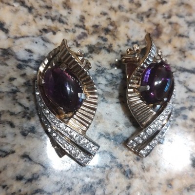 JOMAZ Vintage Purple Clear Rhinestone Glass Clip On Earrings Gold Silver Tone