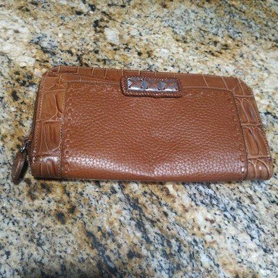 Brighton Croc Pebble Leather Full Zip Wallet Brown Clutch 8" Long