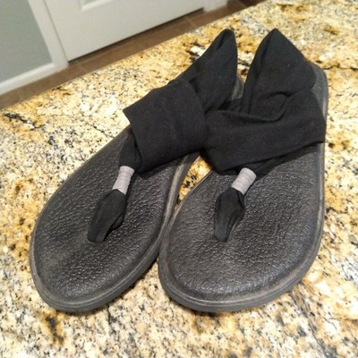 Sanuk Yoga Mat Black Fabric Flip Flop Sling Back Thong Sandals Women's Size 7