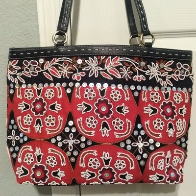 Isabella Fiori Beaded Sequined Canvas Leather Black Red Handbag Tote Bag