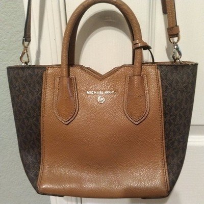 Michael Kors Mae Small Logo and Pebbled Leather Messenger Crossbody Bag Brown