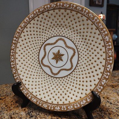 Sèvres-Style French Porcelain Plate with Heavy Raised Gold Enamel, Hand Decorate