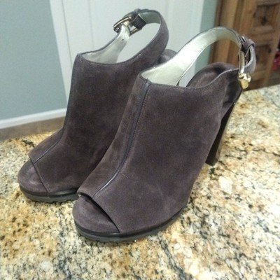 Michael Kors Chunky High Heels Brown Suede Leather Buckle Back Mules Womens 8
