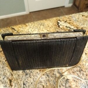 Rare ASHNEIL Black Shoulder Bag Clutch gold sparkle top purse Button Open EUC!!