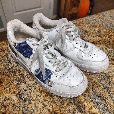 Nike Air Force 1 Women's Sneakers White with Blue Roses Size 5.5 ID 315115-112