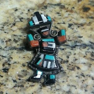 G.B. Natachu Native American Zuni Sterling Silver Kachina Dancer Inlay Rare Pin