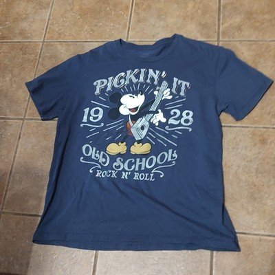 Disney Store Mickey Mouse T-Shirt Sz L Blue Pickin’ It Old School Rock & Roll