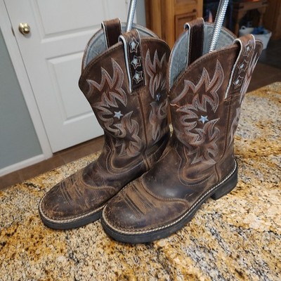 Ariat Pro Baby Brown Leather Western Teal Embroidered Cowboy Boots S z7B 16720