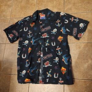 DemCrazy Shirt Men's Sz L Black Button Up Shirt Tattoos Ed Hardy Print