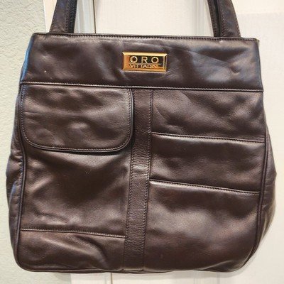 Brown Leather Handbag with Gold Accents Oro Vittadini