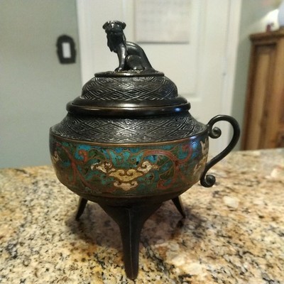 Antique Chinese Cloisonné Enamel Bronze Dynasty Handle Incense Burner Censer Foo