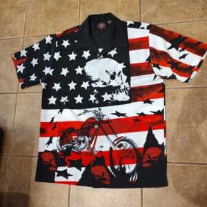 DragonFly Shirt Men’s Medium Short Sleeve Button Up Motorcycle Skulls USA Flag