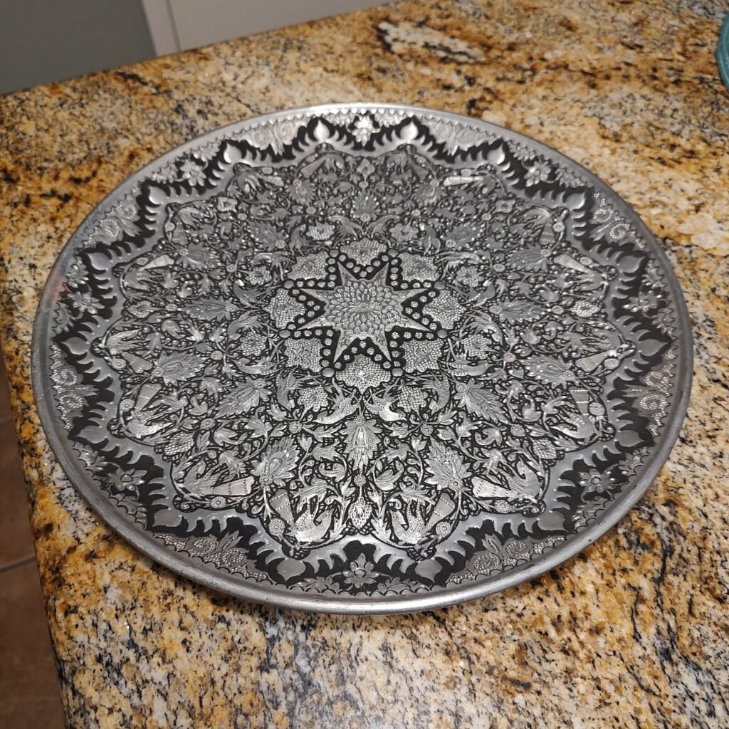 Vintage Handmade Vintage Middle Eastern Round Silver Tray Floral Design