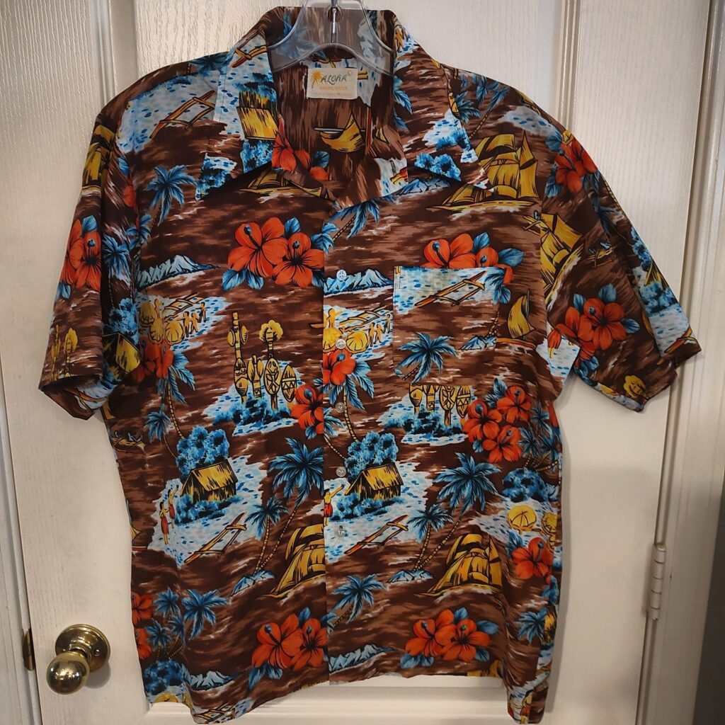 Rare Vintage Aloha Hawaiian Shirt L 100% Polyester Made in Korea Tiki Face Mask
