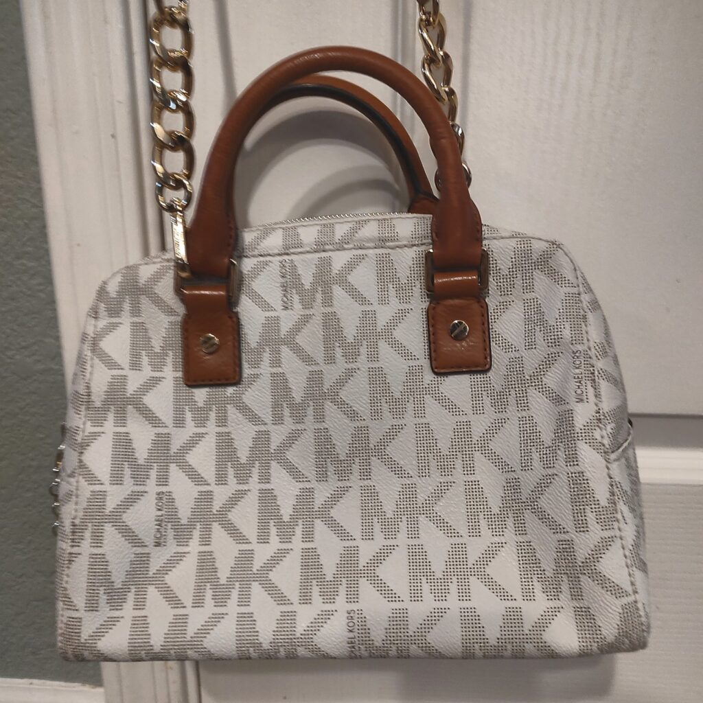 Michael Kors Small Vanilla Acorn Signature Monogram Satchel Handbag Gently Used