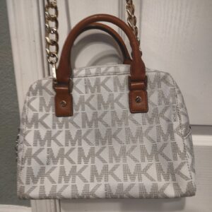 Michael Kors Small Vanilla Acorn Signature Monogram Satchel Handbag Gently Used