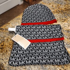 NEW Michael Kors Unisex Hat Scarf Set O/S Black White Red Acrylic NWT