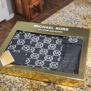 NEW Michael Kors Hat Scarf Gloves Set OS Charcoal Gray Derby Pearl 539754C