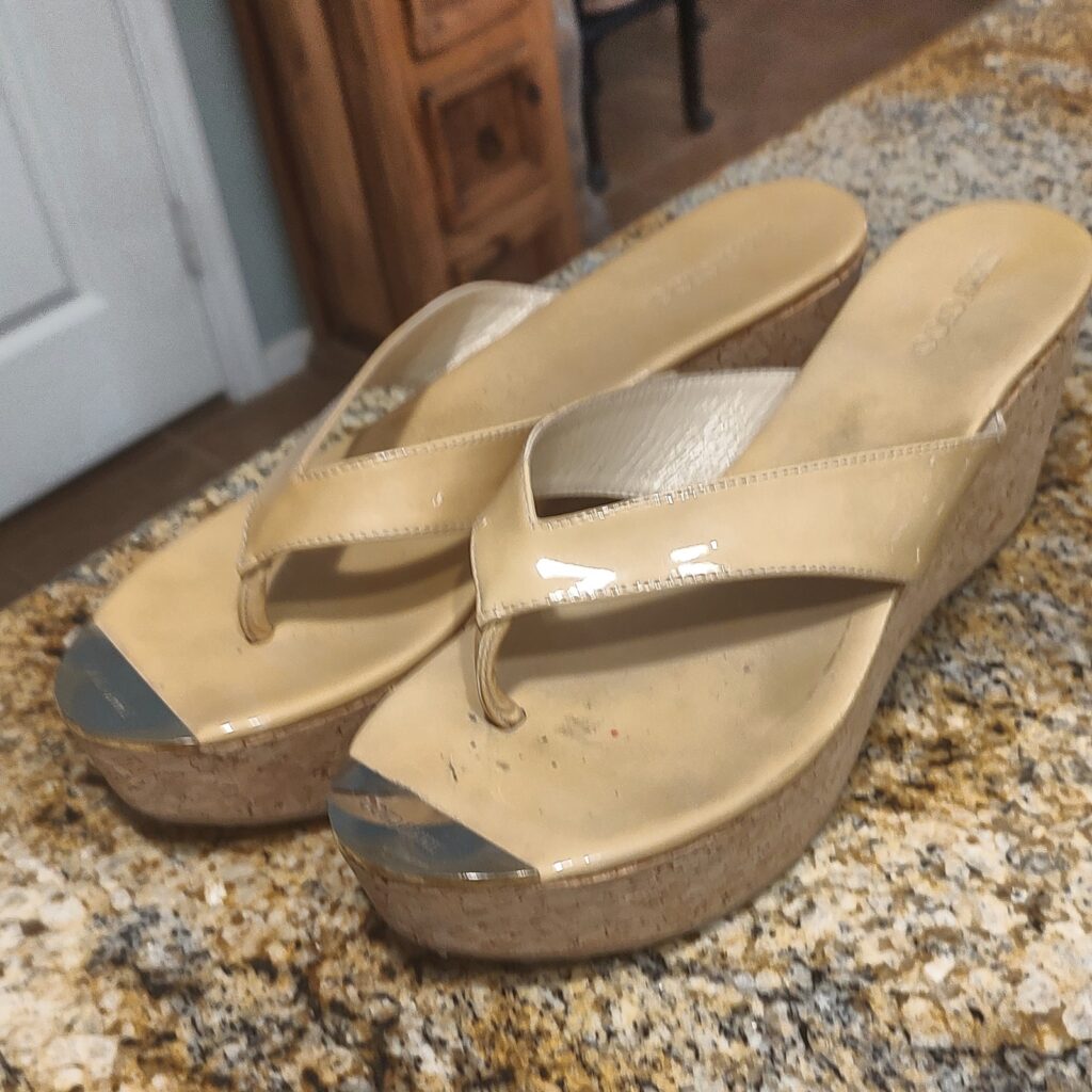 Jimmy Choo Womens Nude Beige Patent Leather Cork Wedge Sandals 9.5 USED