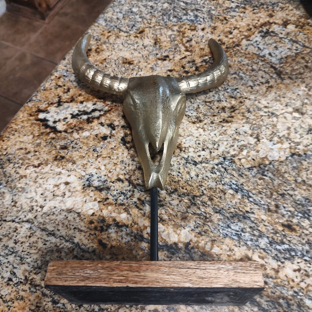 Gently Used Gold Tone Metal Bull Skull Sculpture Wood Base Western Decor Art